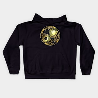 Hand drawn decorative graphic design element in oriental style. Sun, Moon, clouds and comets Kids Hoodie